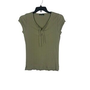 Ralph Lauren Y2K Ribbed Lace Up Top Womens L Sage Green Short Sleeve Grunge